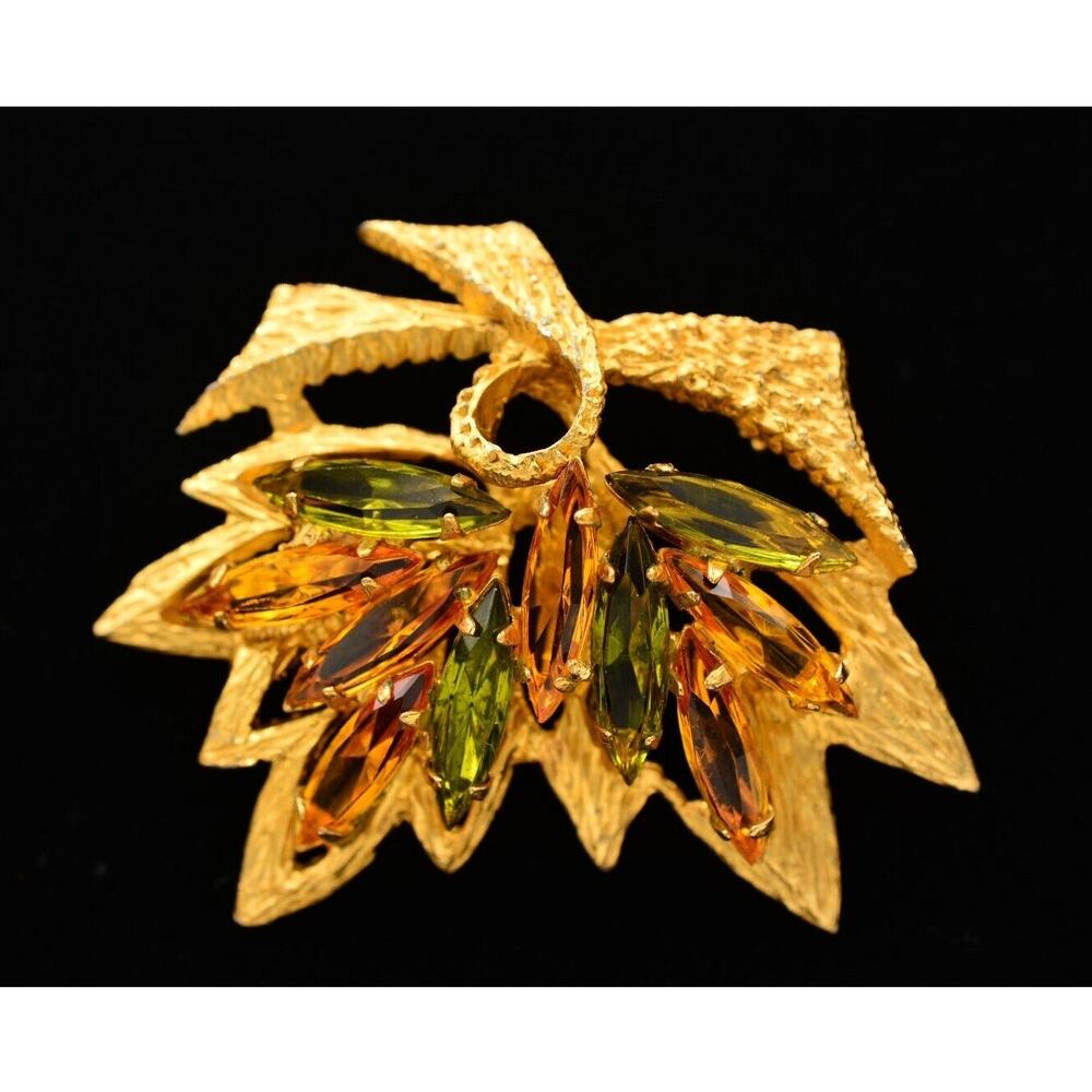 Vintage Marquise Crystal Fall Leaf Pin Brooch Rhinestone Amber Green Gold Bin4